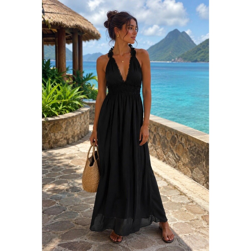Boston Proper Black Crochet Maxi Dress Size 10 Gauzy Cotton New NWT Cover Up